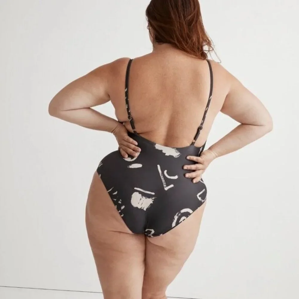 Black One-Piece Swimsuit with Ivory Abstract Print - Picture 2 of 7